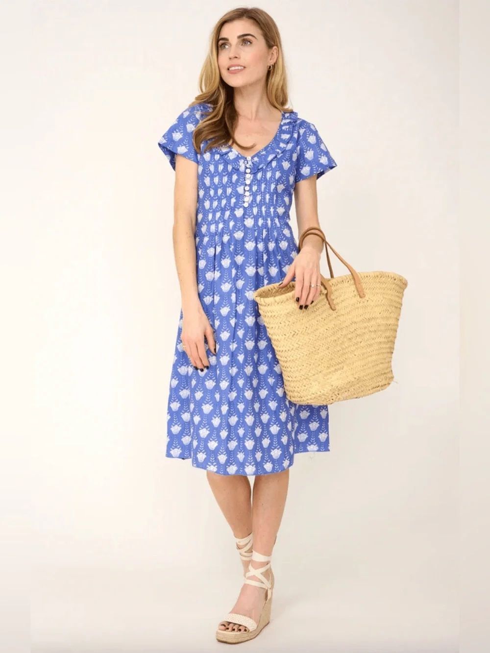 NWT At Last Cotton Karen Short Sleeve Day Dress in Wedgewood Blue Flower Sz 12